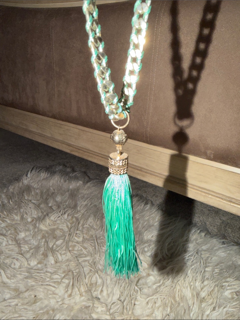 Gold Chain Necklace with Green Tassel Pendant